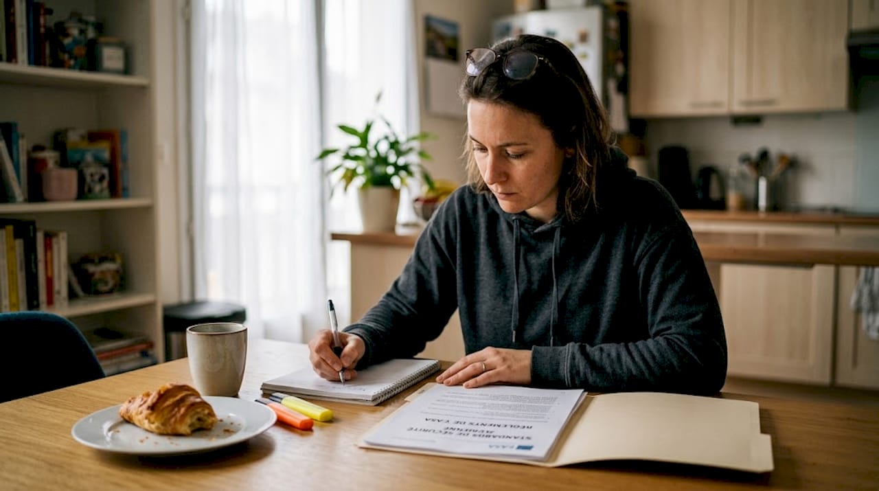 Une femme plongée dans l’étude des réglementations aéronautiques de l’EASA, confortablement installée chez elle.