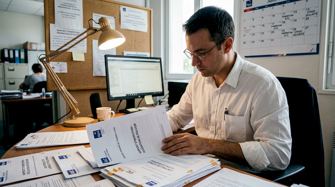 Des inspecteurs de l’aviation passent en revue la documentation européenne.