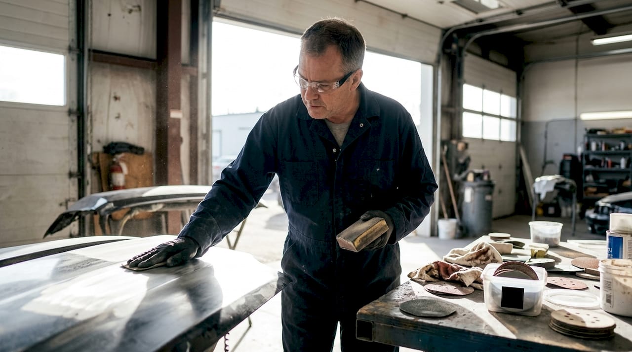 Technician sanding in automotive workshop