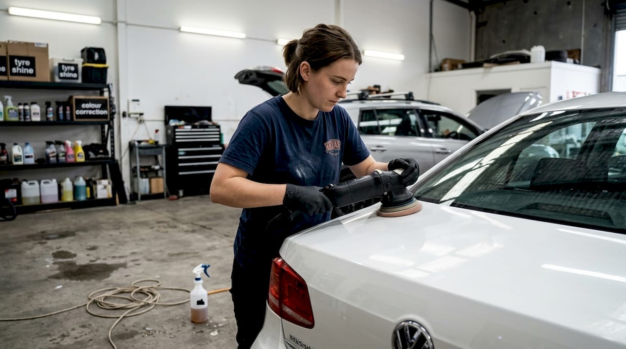 Auto detailer polishing car paint correction