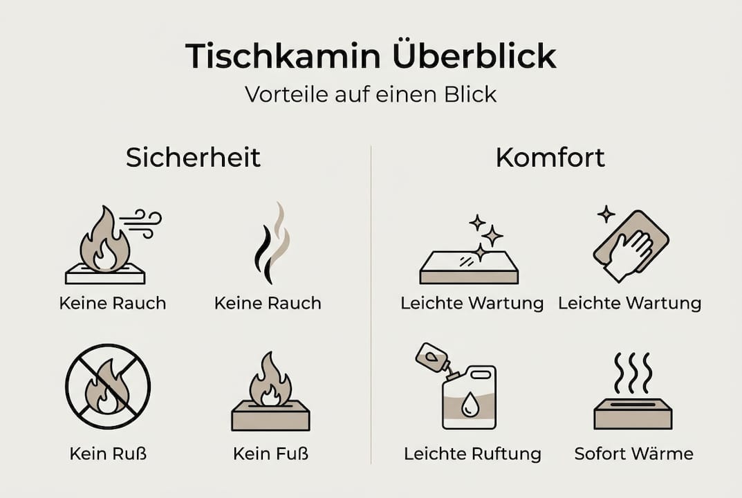 Infografik: Die wichtigsten Vorteile und Funktionen eines Tischkamins auf einen Blick