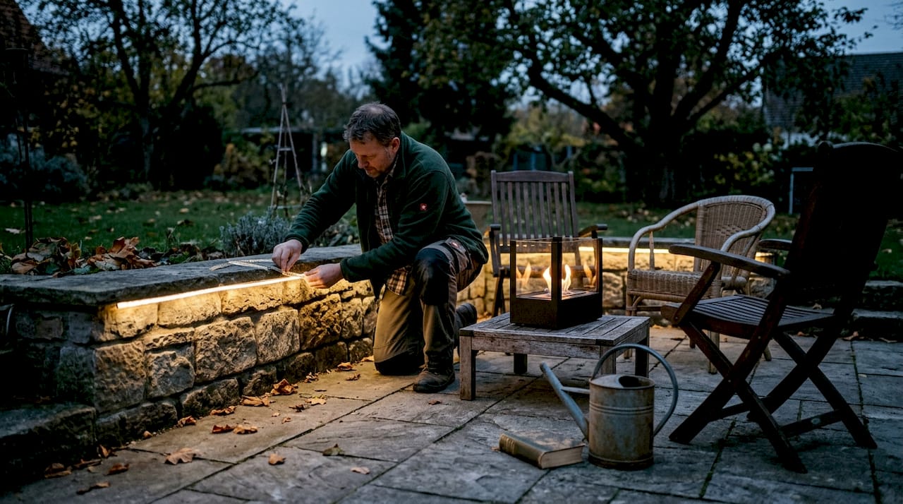 Mit stimmungsvollem LED-Licht und einem modernen Tischkamin entsteht im Handumdrehen eine gemütliche Gartenatmosphäre.