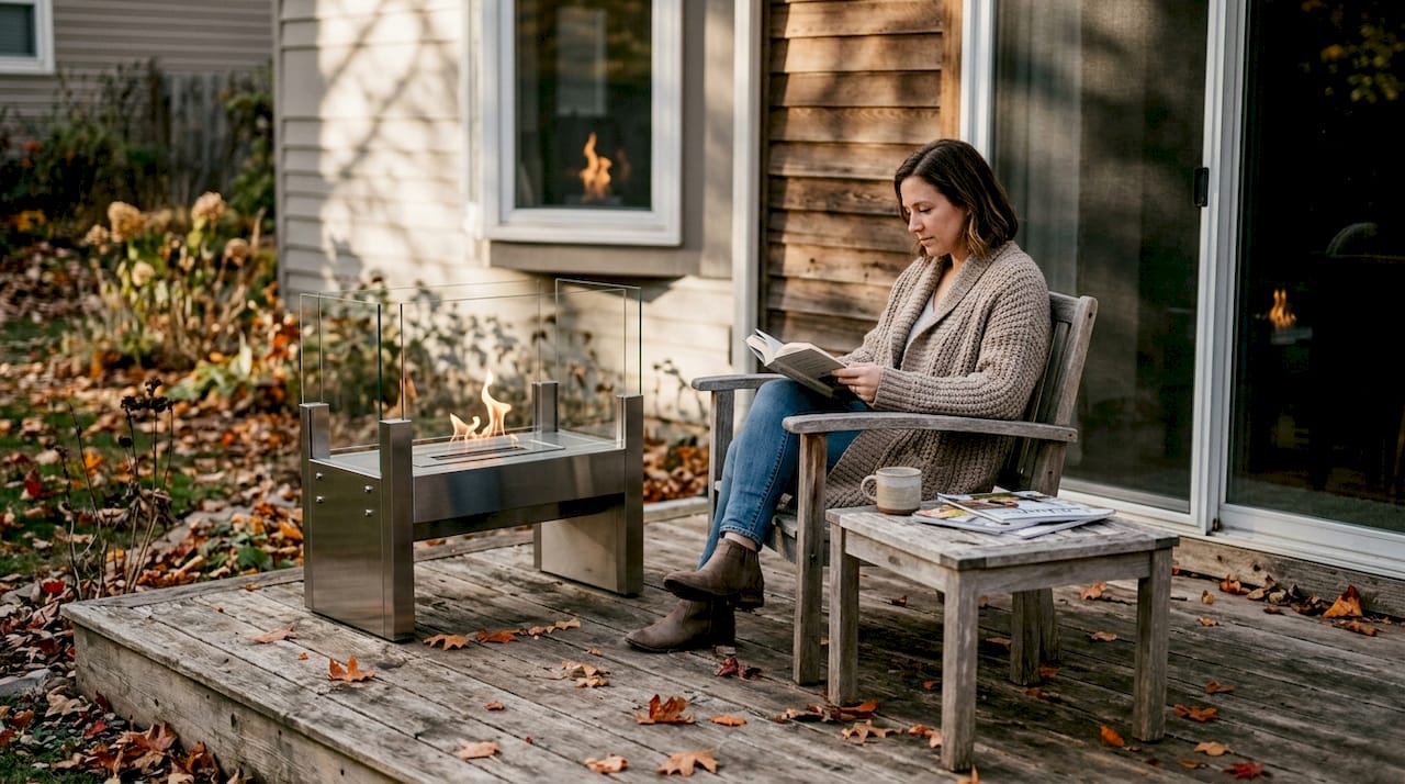 Modern fireplace design on backyard deck with reader