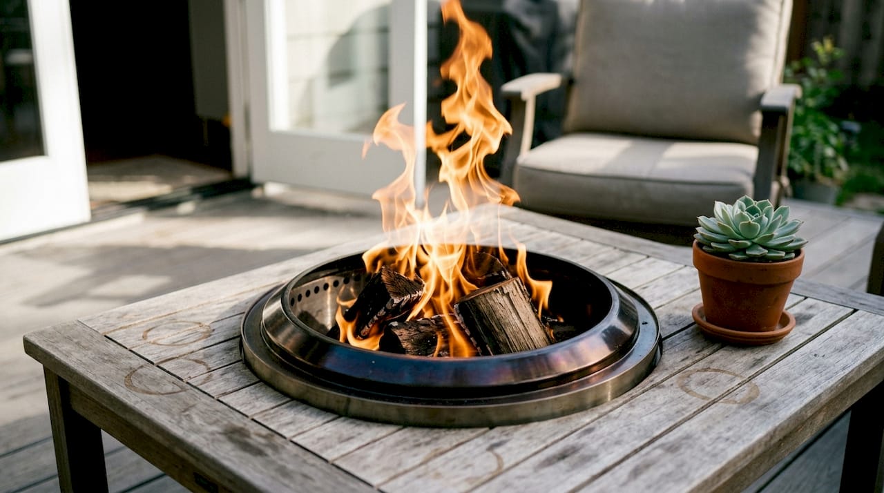 Lively smokeless flames on patio table