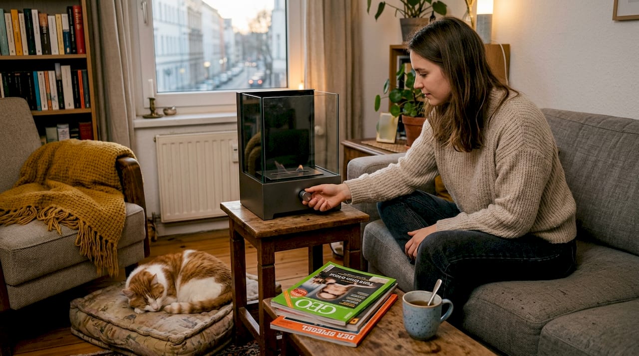 Eine Frau stellt die Einstellungen ihres rauchfreien Kamins ein.