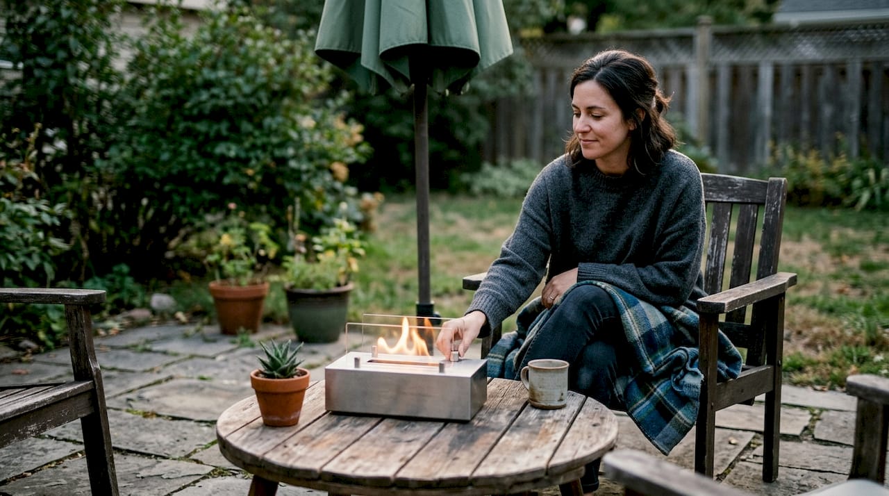 Une personne règle le foyer d’extérieur posé sur la table pour profiter d’un confort optimal.