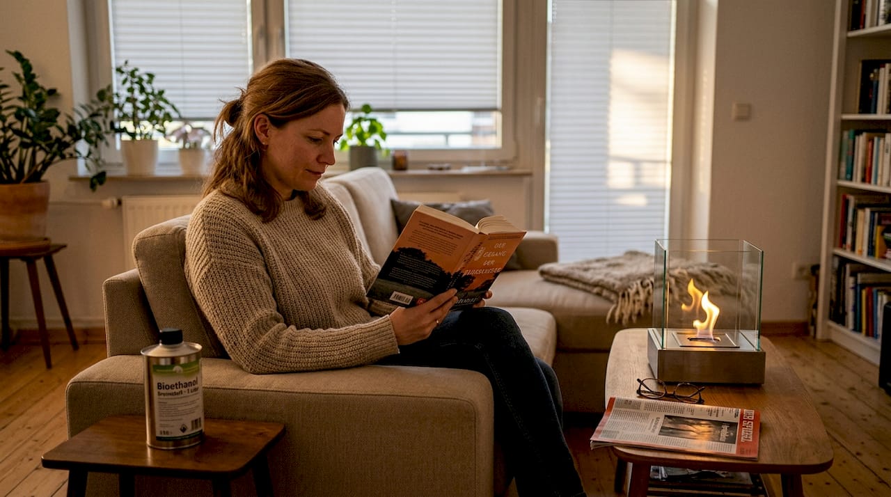 Eine Frau genießt einen entspannten Abend zu Hause und lässt sich von den Flammen ihres stilvollen Tischkamins verzaubern.