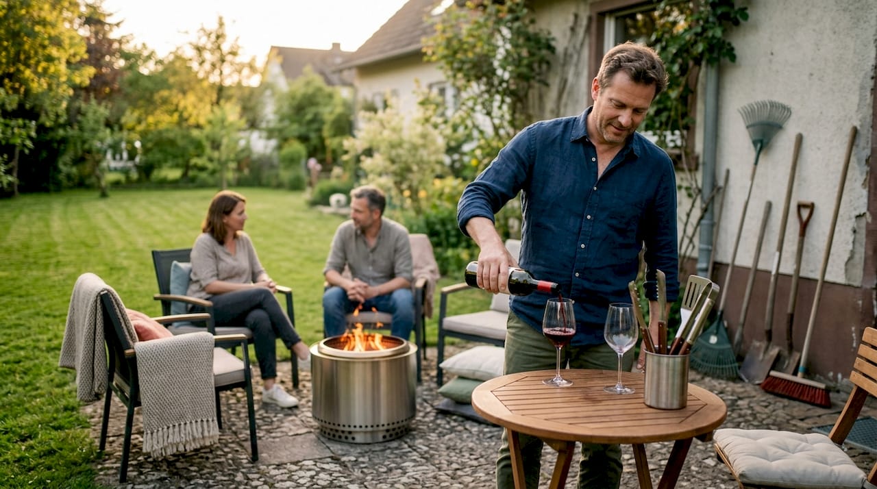 Ein gemütlicher Abend am offenen Kamin im Garten – gemeinsam mit Freunden und Familie, gute Gespräche und entspannte Atmosphäre unter freiem Himmel.