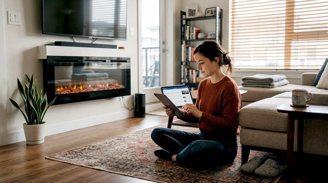 Electric fireplace with LED flames in living space