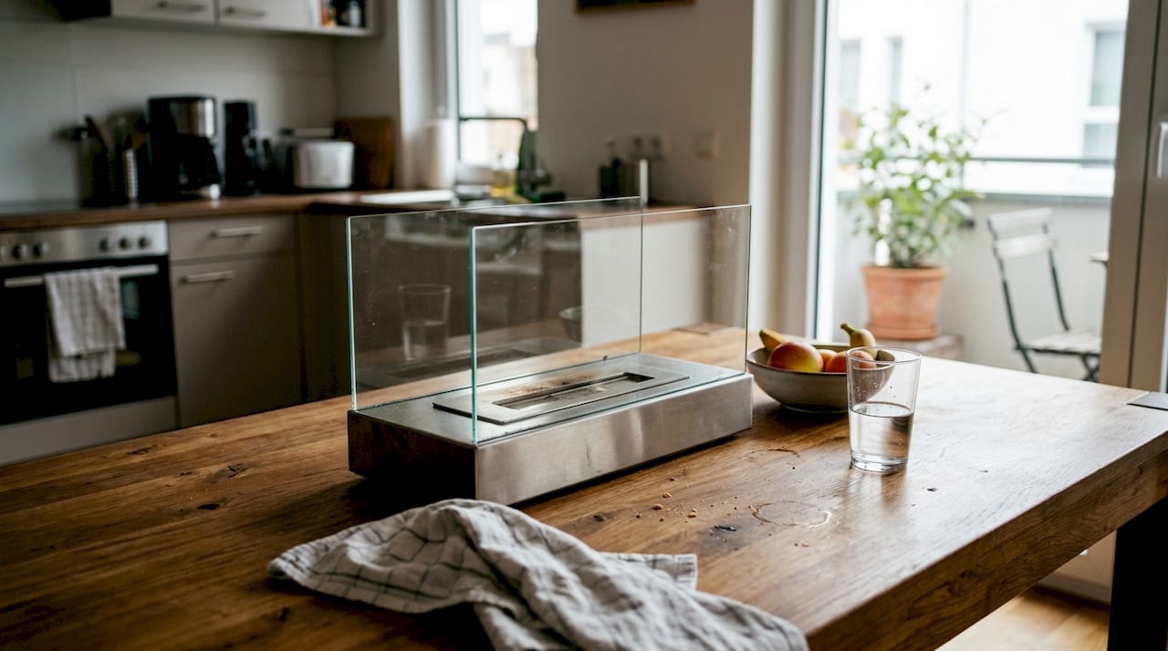 Elegantes Tischfeuer mit hochwertigem Glas und Edelstahl – ein stilvoller Blickfang für jede Tafel.