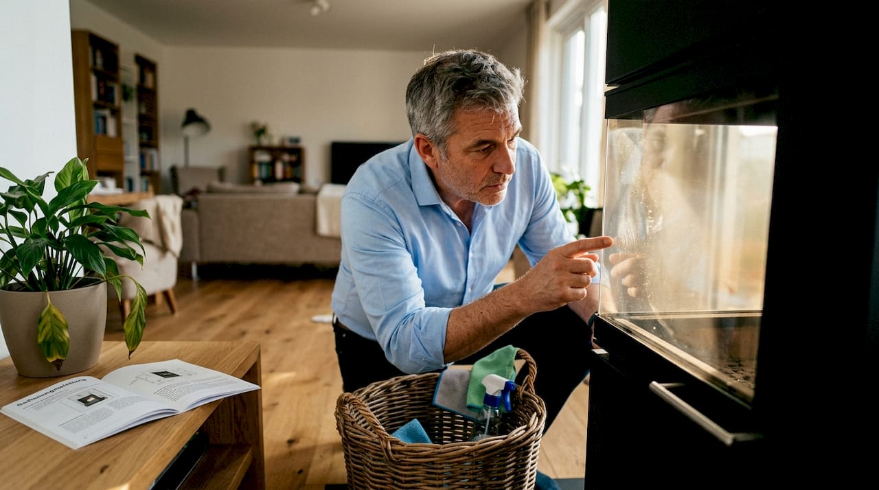 Ein Mann prüft die Sicherheitsfunktionen eines rauchfreien Kamins.