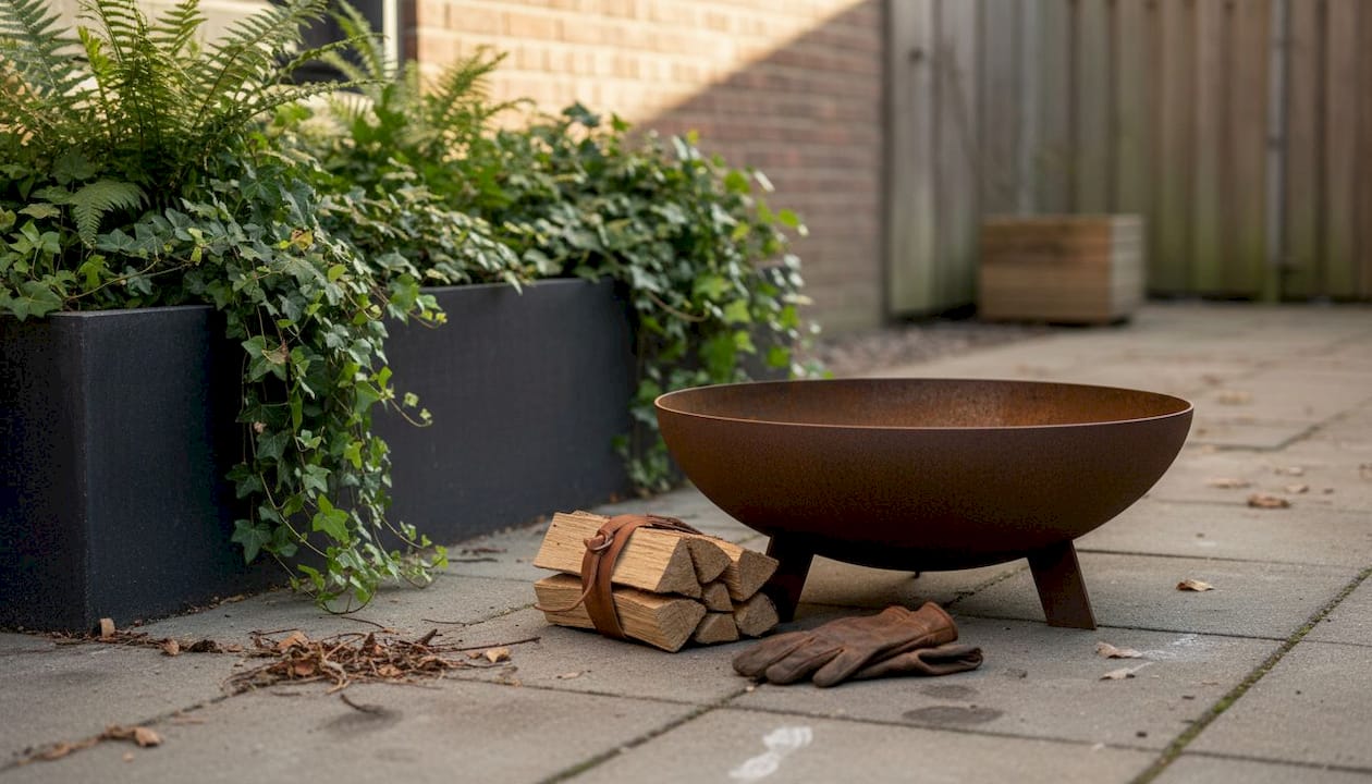 Auf der Terrasse sorgt eine hochwertige Feuerschale aus nachhaltigem Stahl für gemütliche Abende und stimmungsvolle Momente.