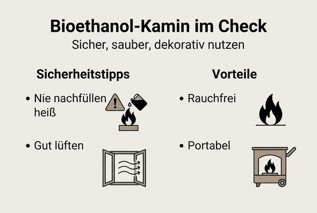 Infografik: Bioethanol-Kamine – Sicherheitshinweise und ihre Vorteile auf einen Blick