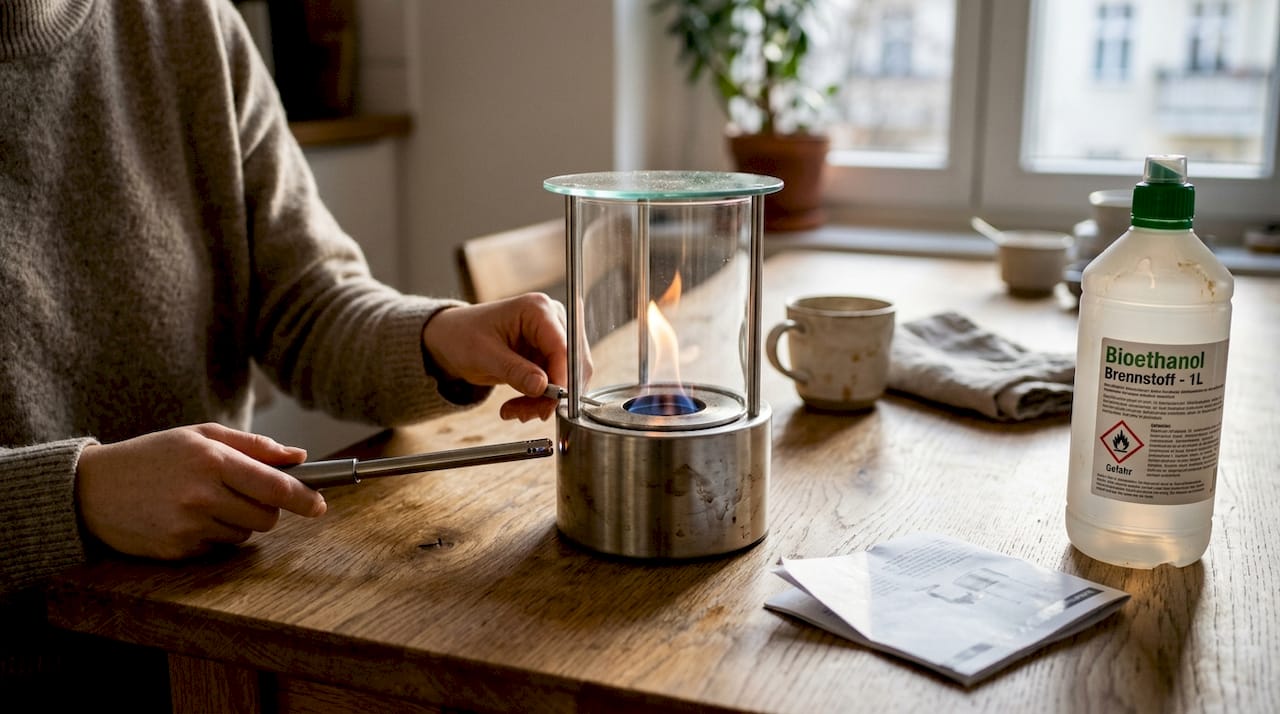 Handbetriebener Bioethanol-Tischkamin mit offener Flamme