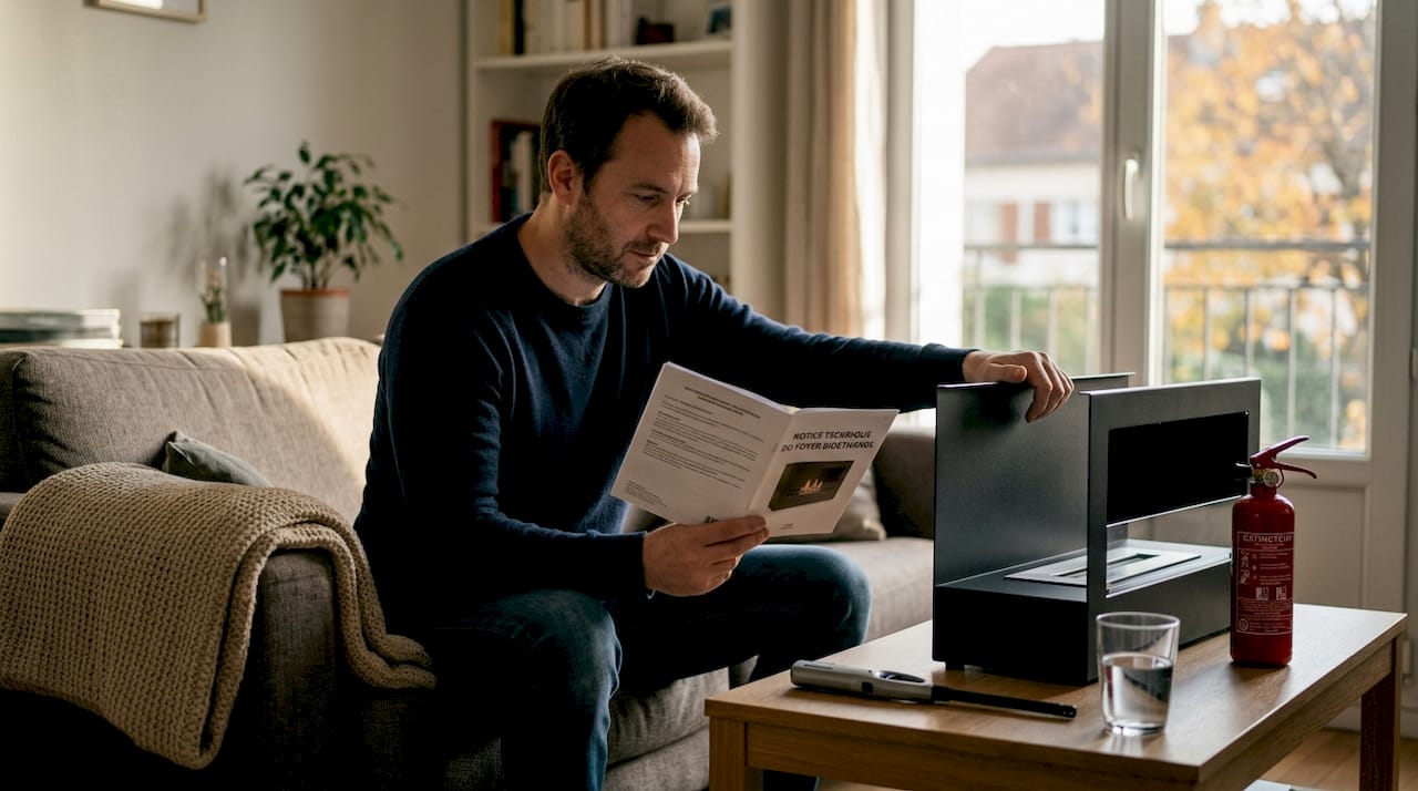 Un homme procède à une vérification de sécurité sur une cheminée au bioéthanol.