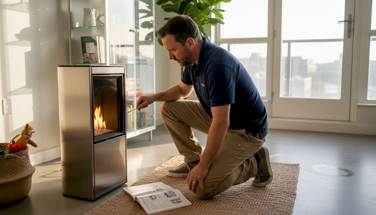 Technician inspecting ethanol fireplace safety