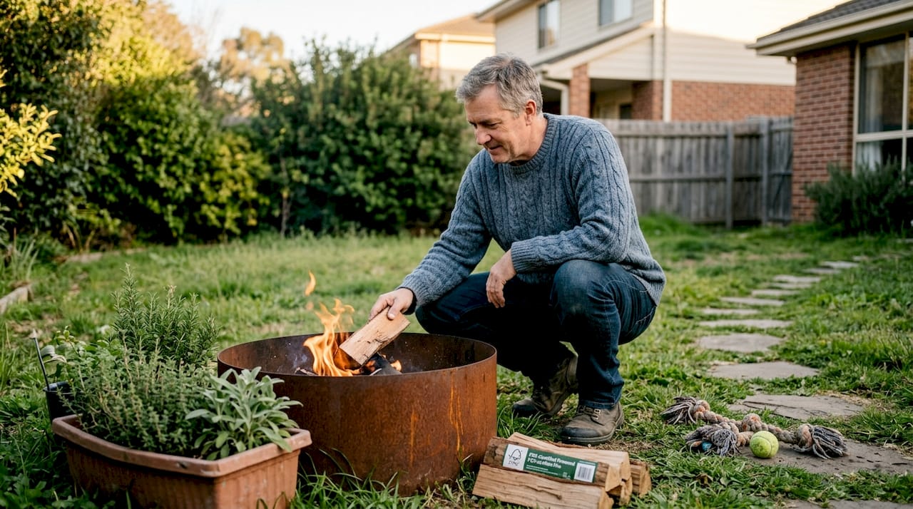 Man tending wood fire pit in yard