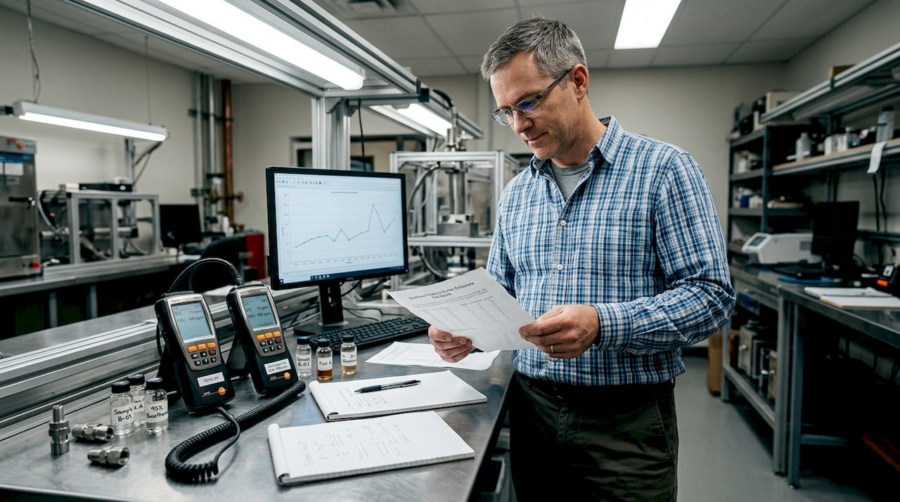 Engineer reviews emissions test at lab workspace
