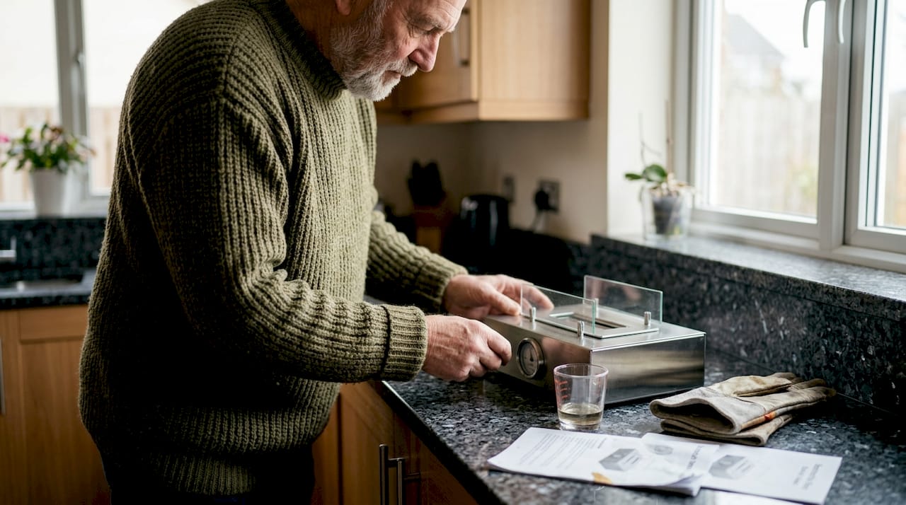 Ein Mann testet einen Bioethanol-Brenner aus Edelstahl auf der Arbeitsplatte.