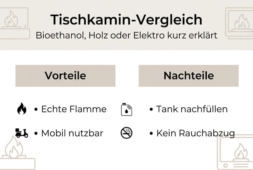 Tischkamine im Überblick: Die wichtigsten Vor- und Nachteile auf einen Blick