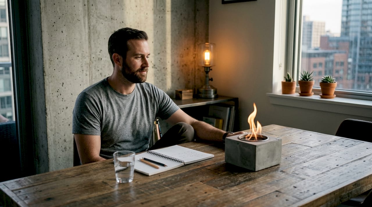 Ein Tischkamin aus Beton im angesagten Industrie-Design verleiht der Wohnung eine moderne und gemütliche Atmosphäre.