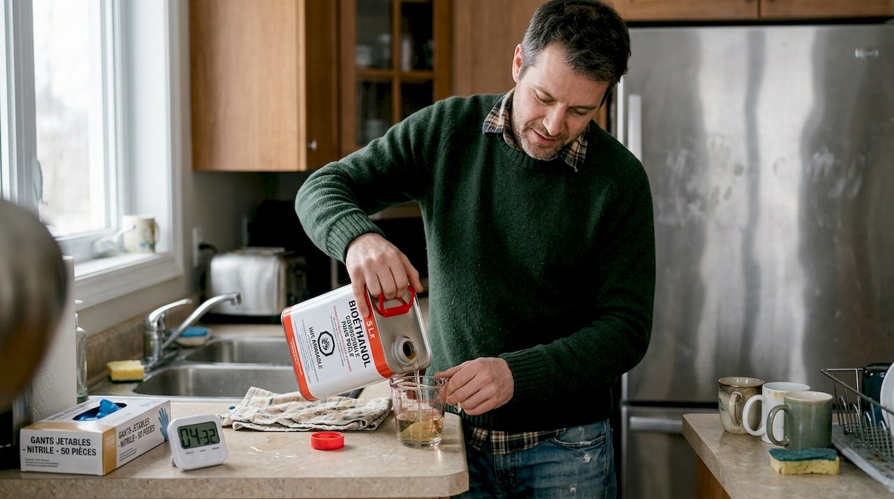 Remplir le réservoir de bioéthanol avec précaution dans la cuisine