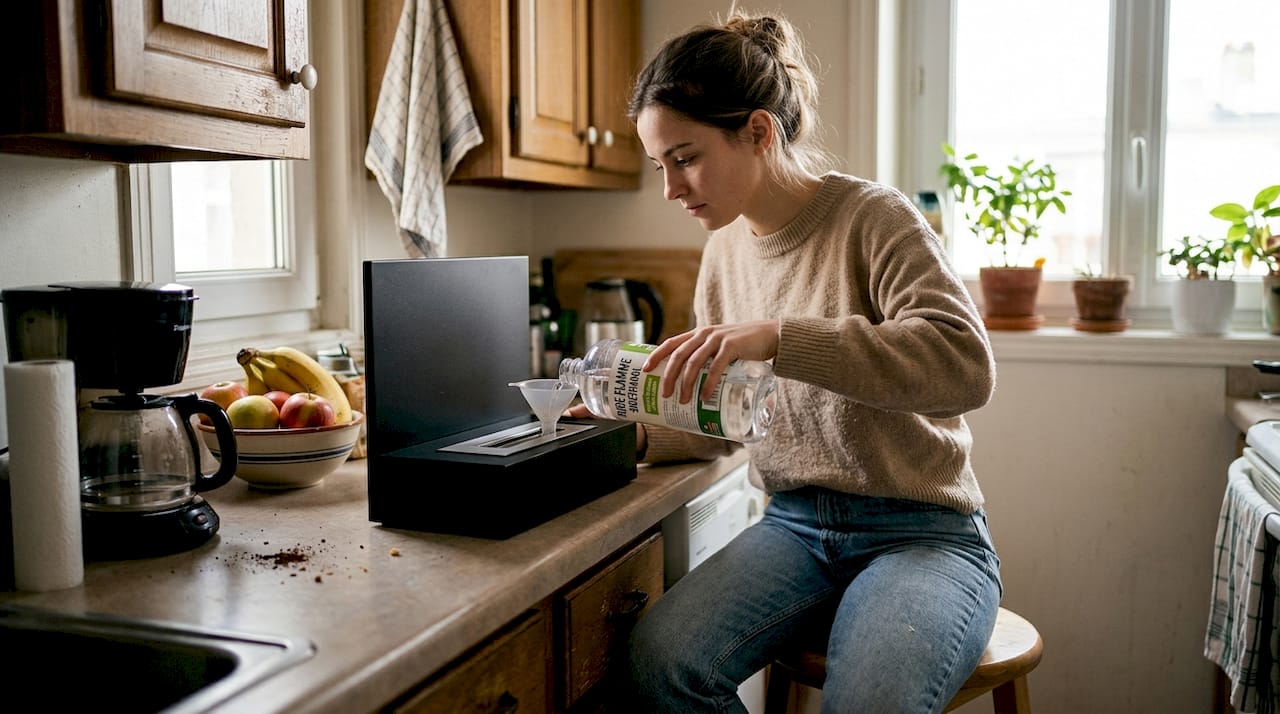 Dans sa cuisine moderne en ville, une femme recharge son foyer à l’éthanol.
