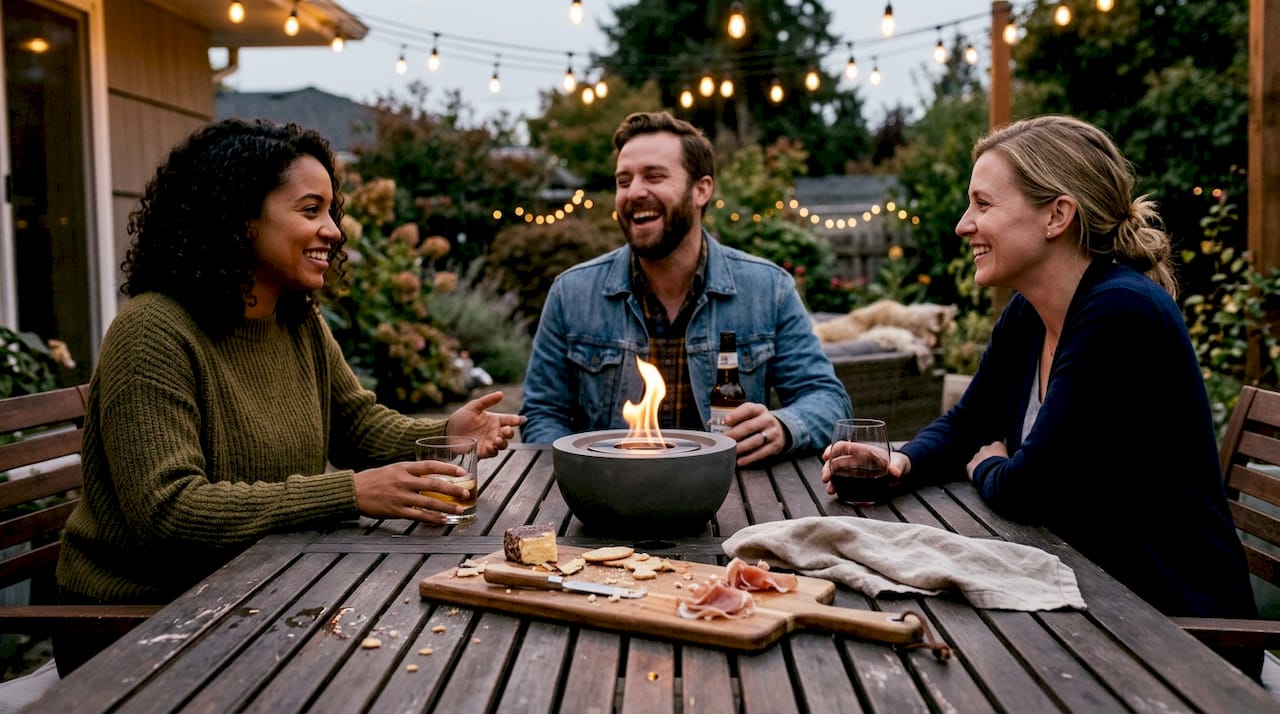 Outdoor gathering with fire bowl centerpiece