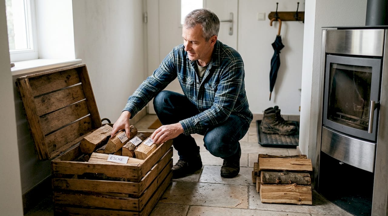 Ein Mann sortiert Brennholz, damit es später im Kamin verwendet werden kann.