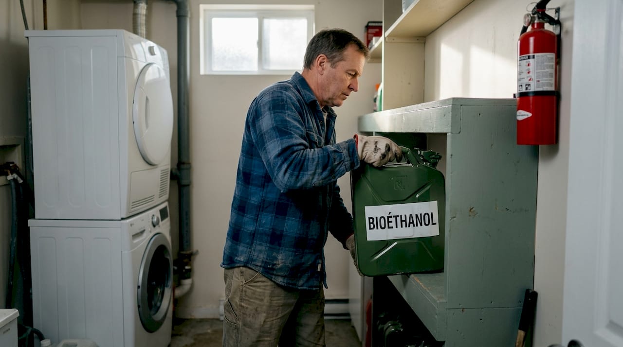 Un homme entrepose du bioéthanol en toute sécurité dans son cellier.