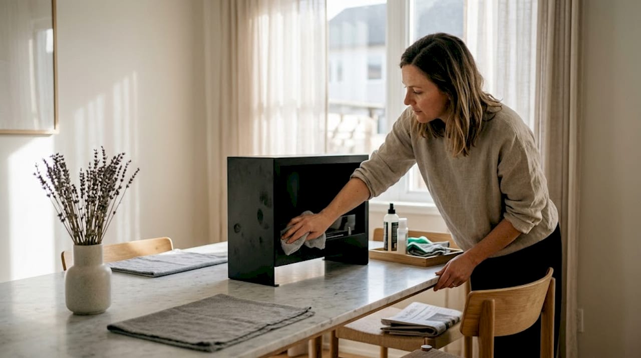 Woman cleaning and styling tabletop fireplace