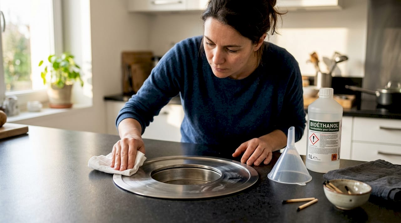 Avant de recharger le brûleur, une femme prend soin de bien nettoyer tout autour pour garantir la sécurité et le bon fonctionnement de l’appareil.