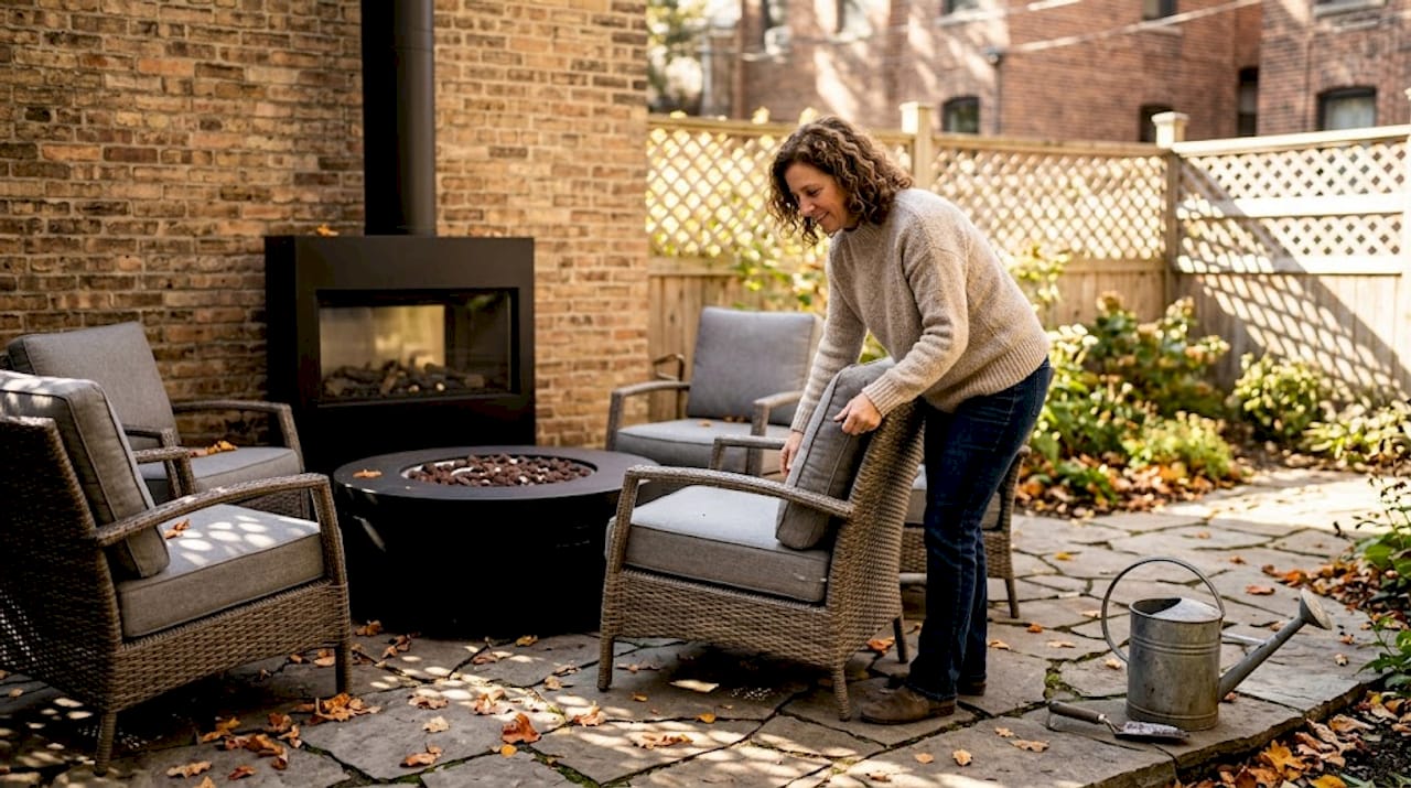 Patio fireplace with casual seating arrangement