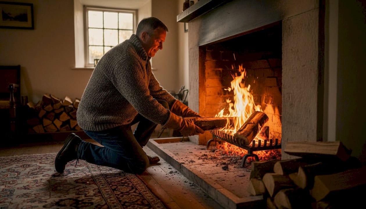 Dans une vieille maison, un homme ravive le feu dans la cheminée en ajoutant quelques bûches.