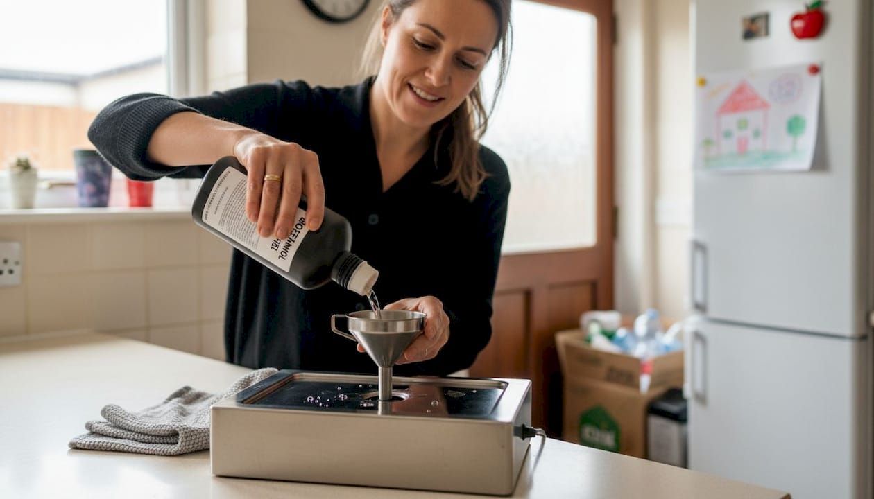 Refilling bioethanol fireplace burner safely