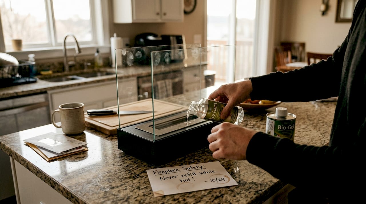 Hands refilling bioethanol tabletop fireplace