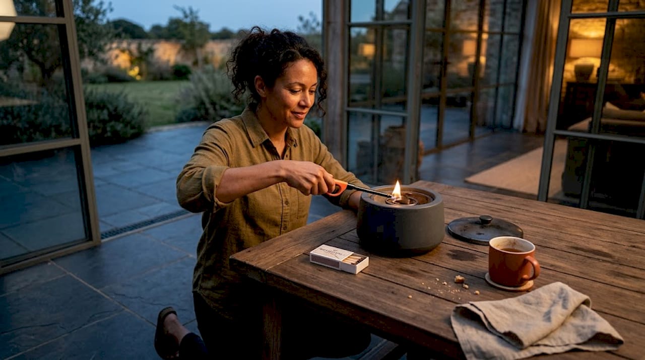 Person safely lighting smokeless tabletop fire pit