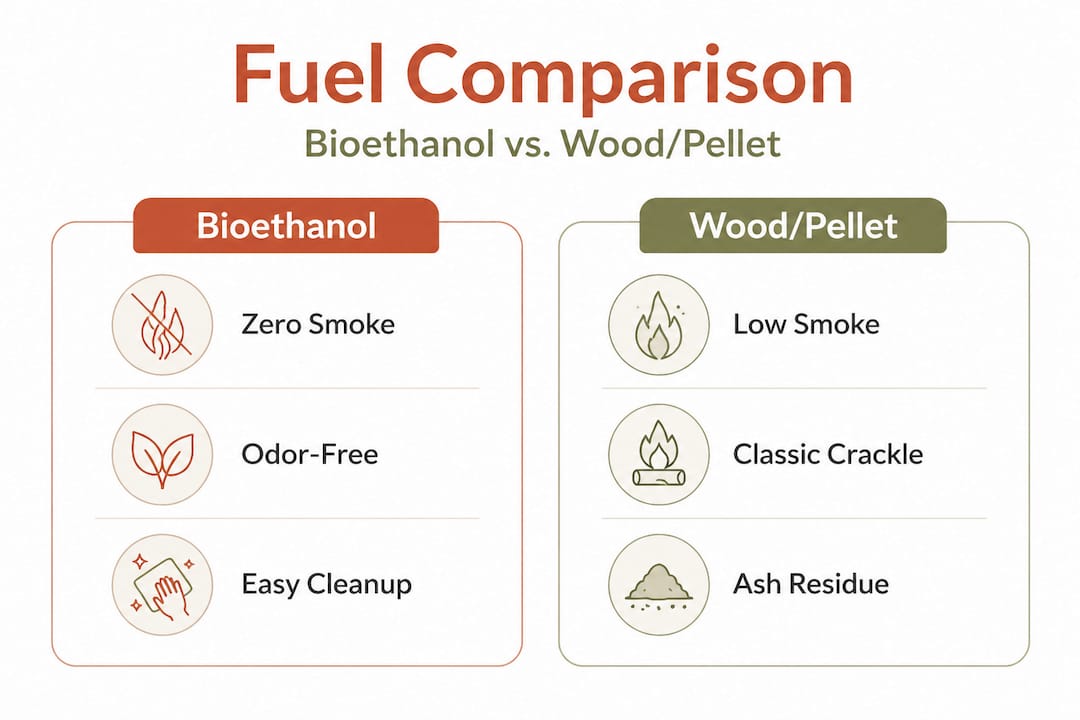 Infographic comparing bioethanol and wood fire pit fuels