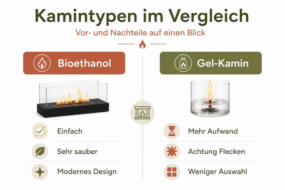 Vergleichende Infografik: Bioethanol- oder Gel-Kamin – welche Variante passt besser zu Ihnen?