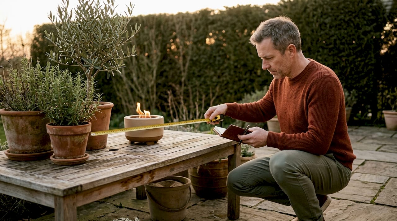 Man measures safe fire pit distance outdoors