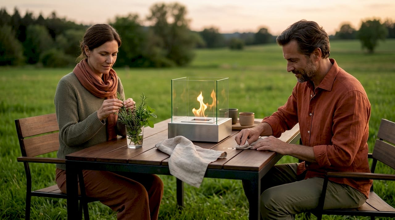 Ein stilvoller Tischkamin aus Edelstahl und Glas sorgt auf der Terrasse für gemütliche Atmosphäre.