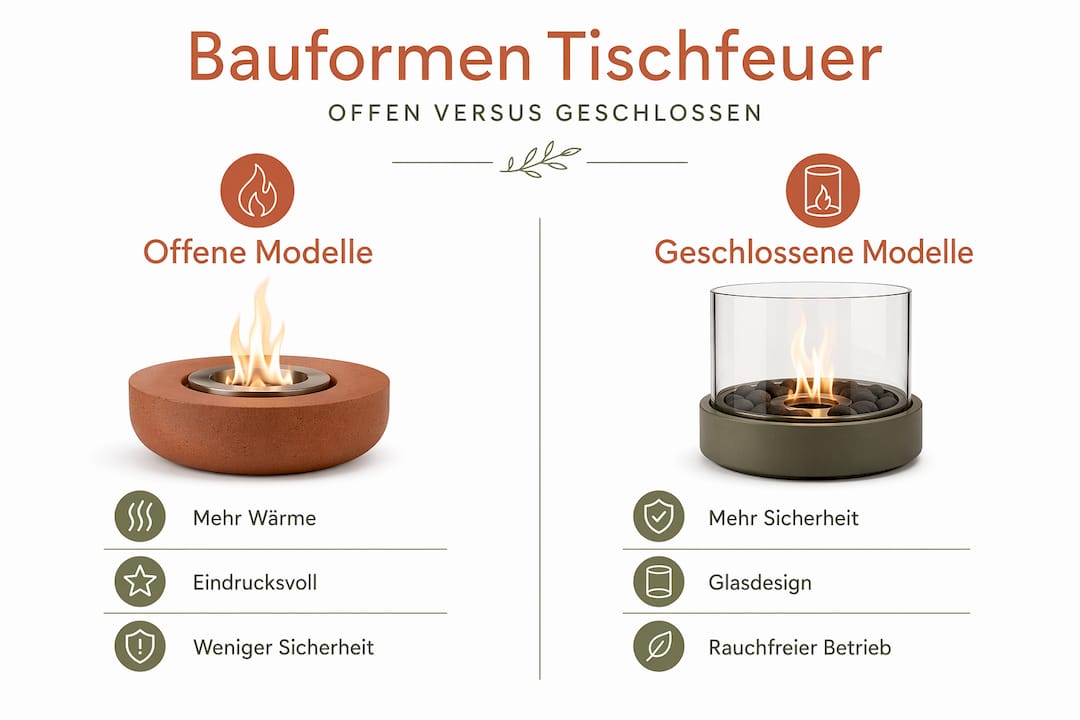 Übersicht der verschiedenen Bauarten von Tischkaminen im direkten Vergleich – anschaulich dargestellt als Infografik.