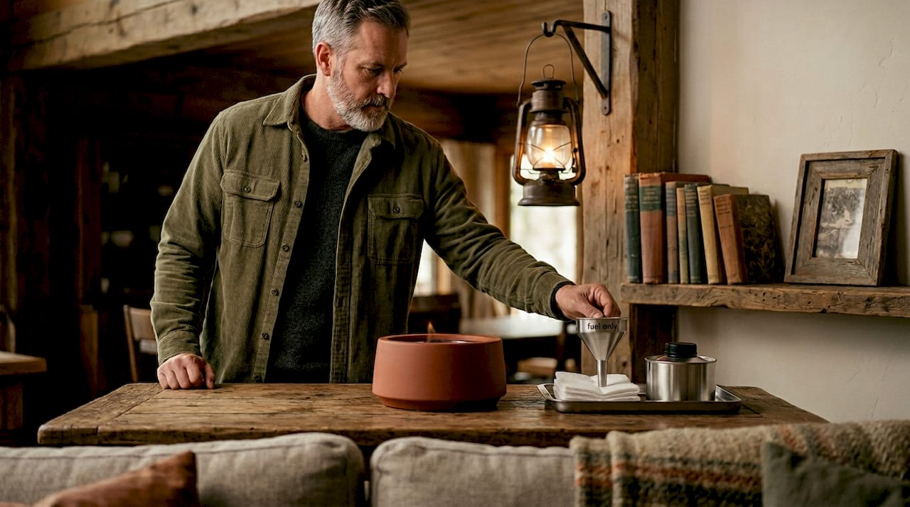 Man prepares fireplace fuel tools set