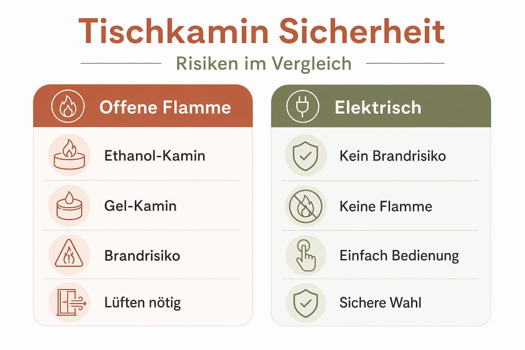 Eine anschauliche Infografik stellt die wichtigsten Sicherheitsmerkmale verschiedener Tischkamine gegenüber.