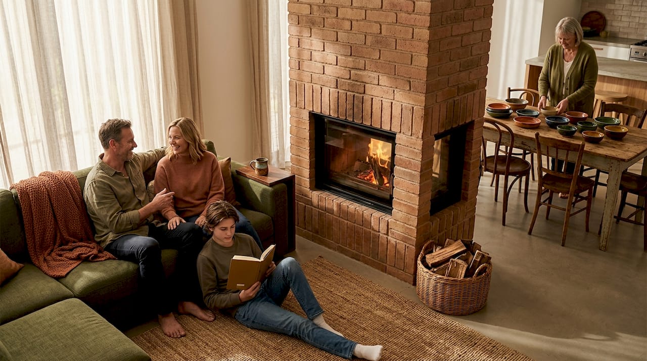 Double-sided stone fireplace dividing living, dining
