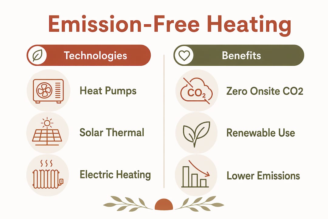 Infographic comparing emission-free heating technologies and benefits