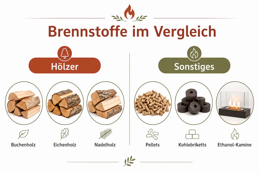 Infografik: Die wichtigsten Brennstoffe für heimische Kamine im Vergleich