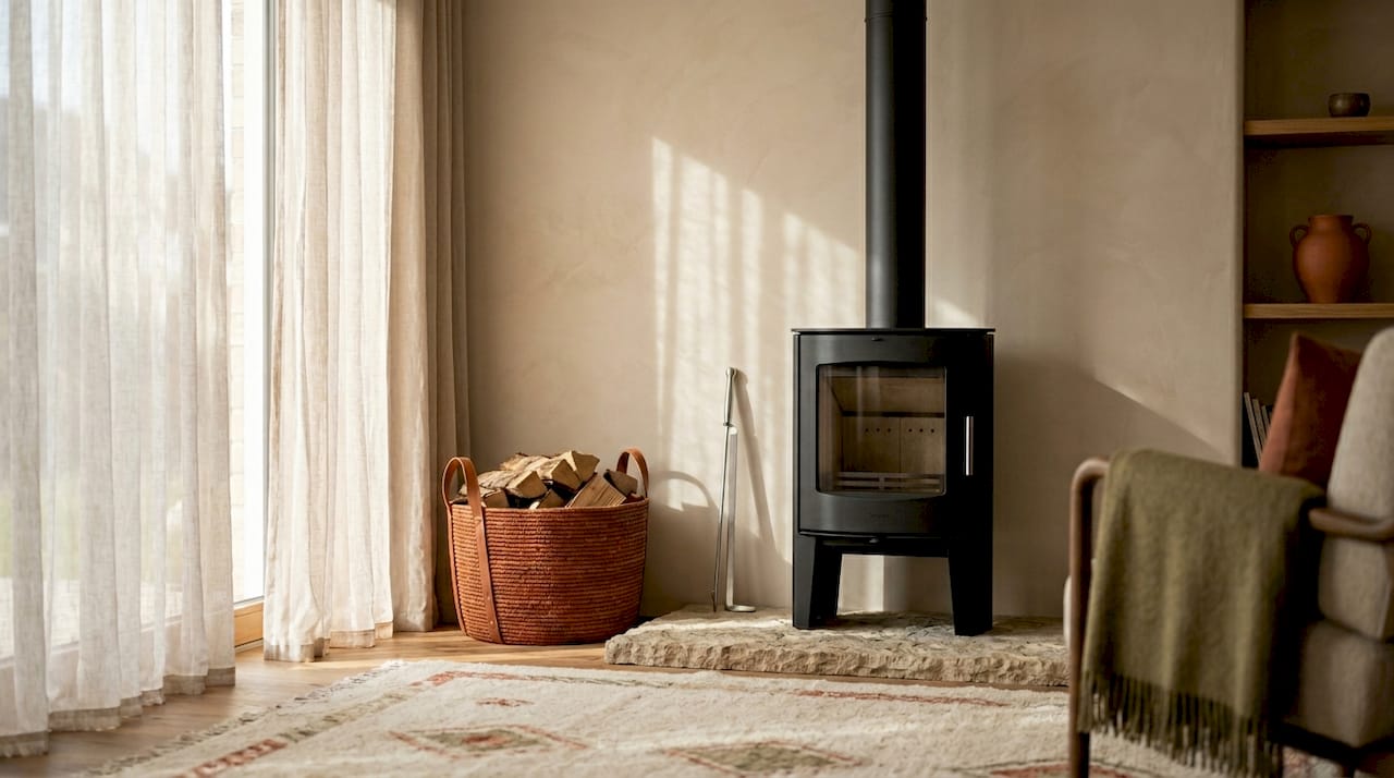 Freestanding wood stove in new home corner