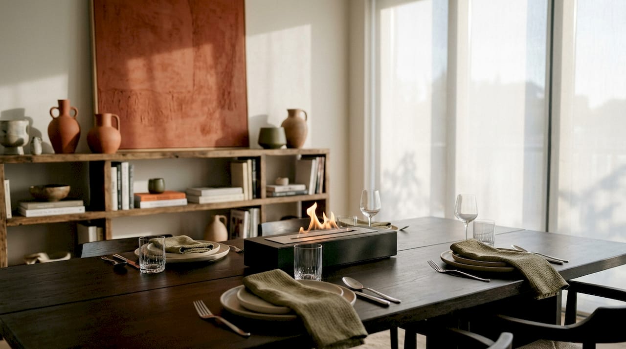 Bio-ethanol tabletop fireplace in dining room