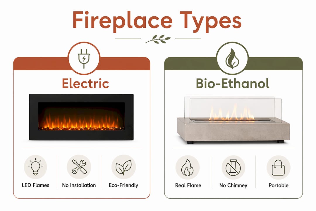 Infographic comparing electric and bio-ethanol fireplaces